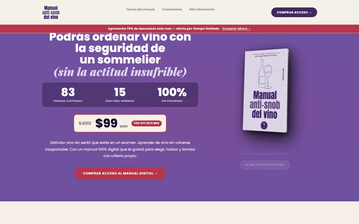 Landing del Manual Anti-snob del vino